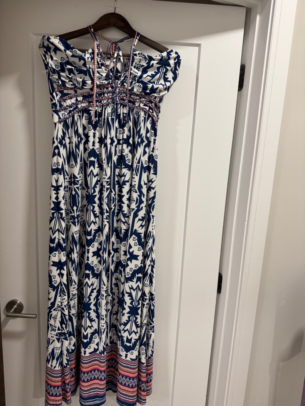 Navy & White Aztec Maxi Dress with Pink Accent